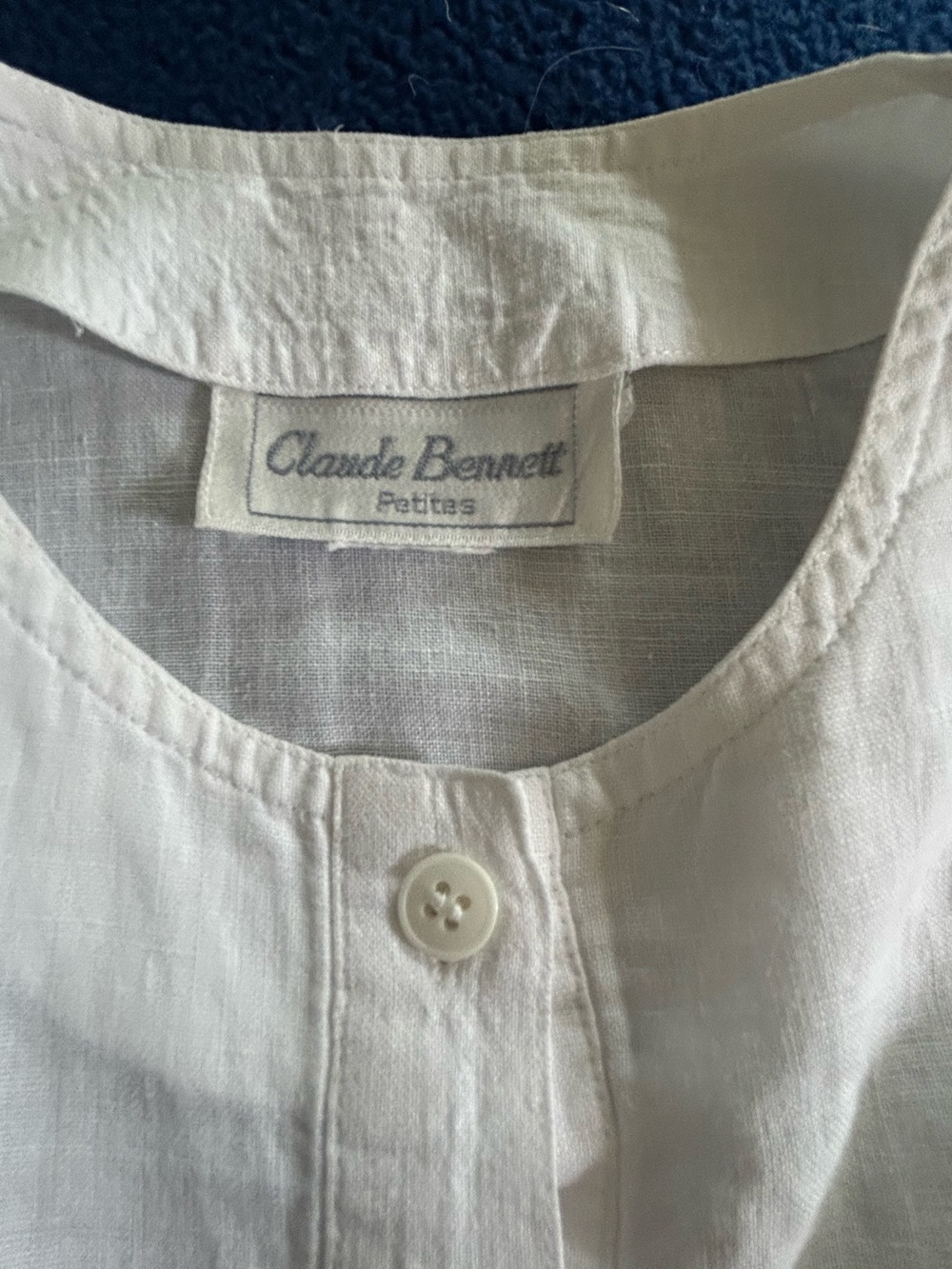 Claude Bennett Woman’s Petite VTG White Linen Button Front Top Cap Sleeve EUC